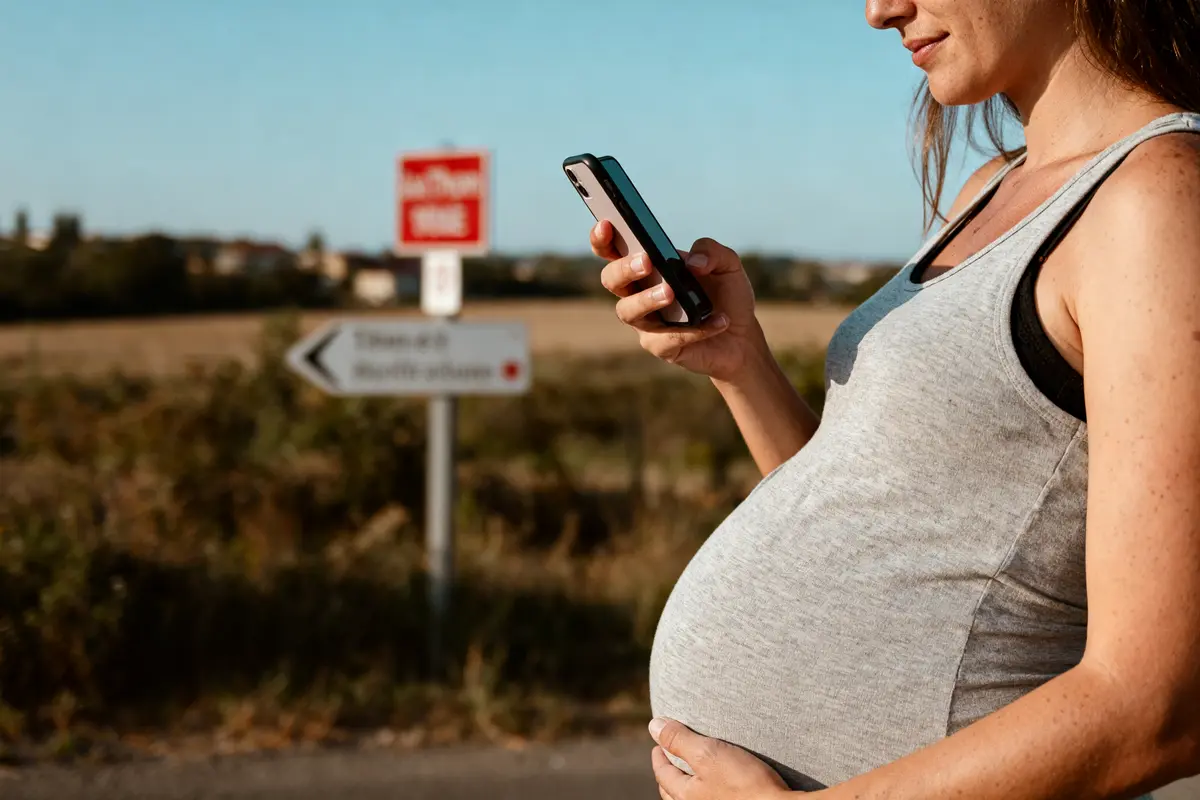 Femme enceinte, en plein air, regarde son téléphone portable près d'un panneau de direction flou.