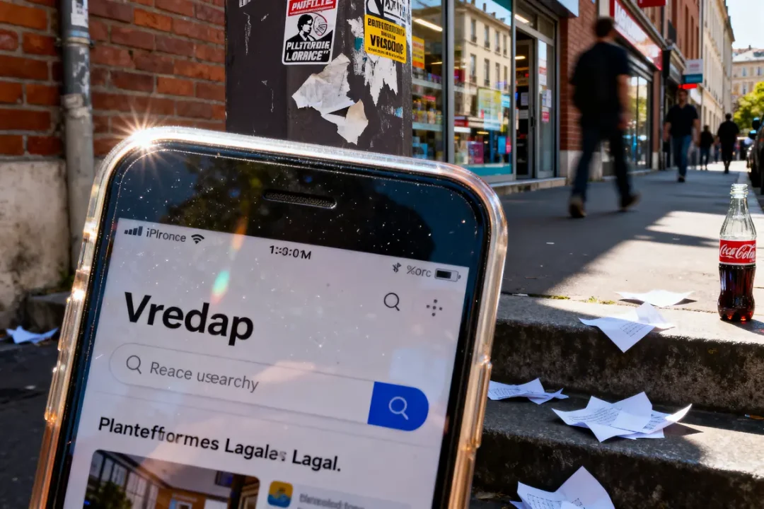 Téléphone affichant "Vredap" en gros plan, rue avec passants flous, papiers au sol, bouteille Coca-Cola.