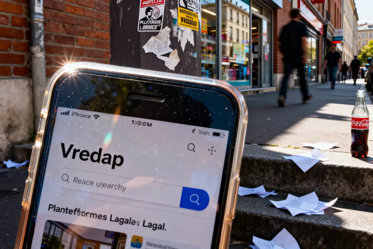 Téléphone affichant "Vredap" en gros plan, rue avec passants flous, papiers au sol, bouteille Coca-Cola.