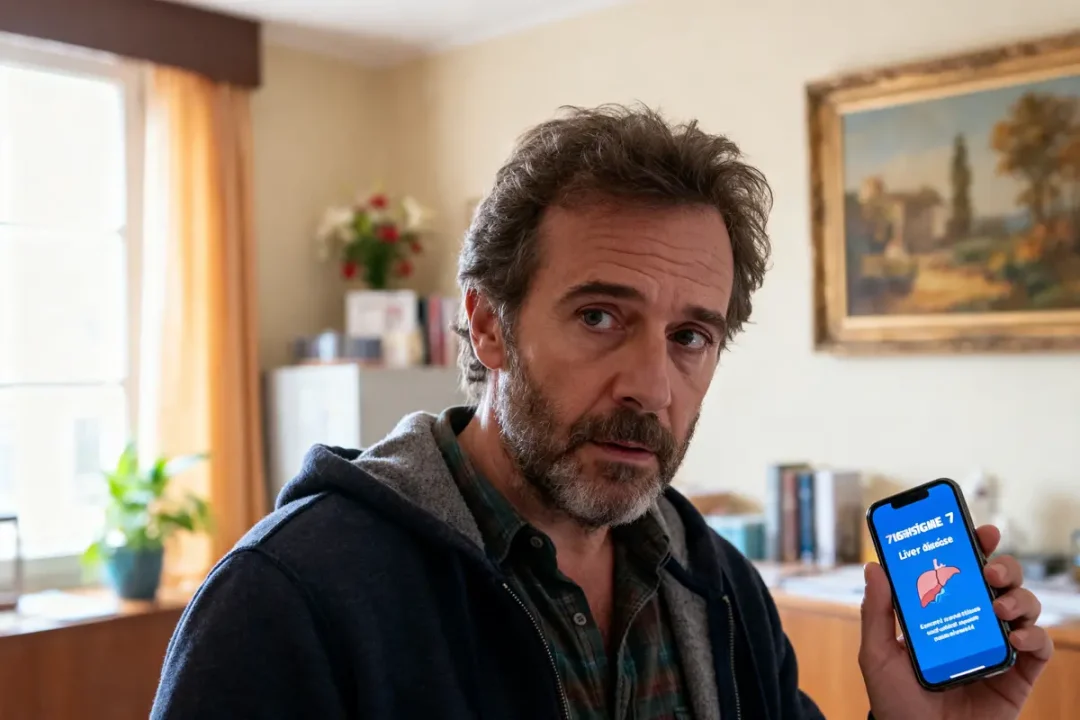Un homme montre un téléphone affichant 7 signes que votre foie est malade