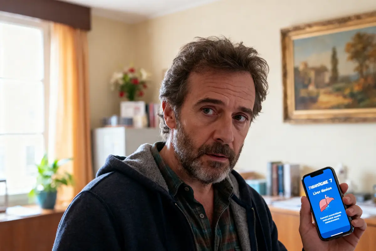 Un homme montre un téléphone affichant 7 signes que votre foie est malade