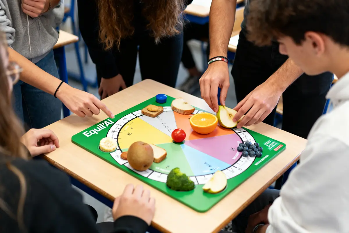Personnes étudiant l'alimentation avec le plateau pédagogique Equil'Al rempli de fruits et légumes.