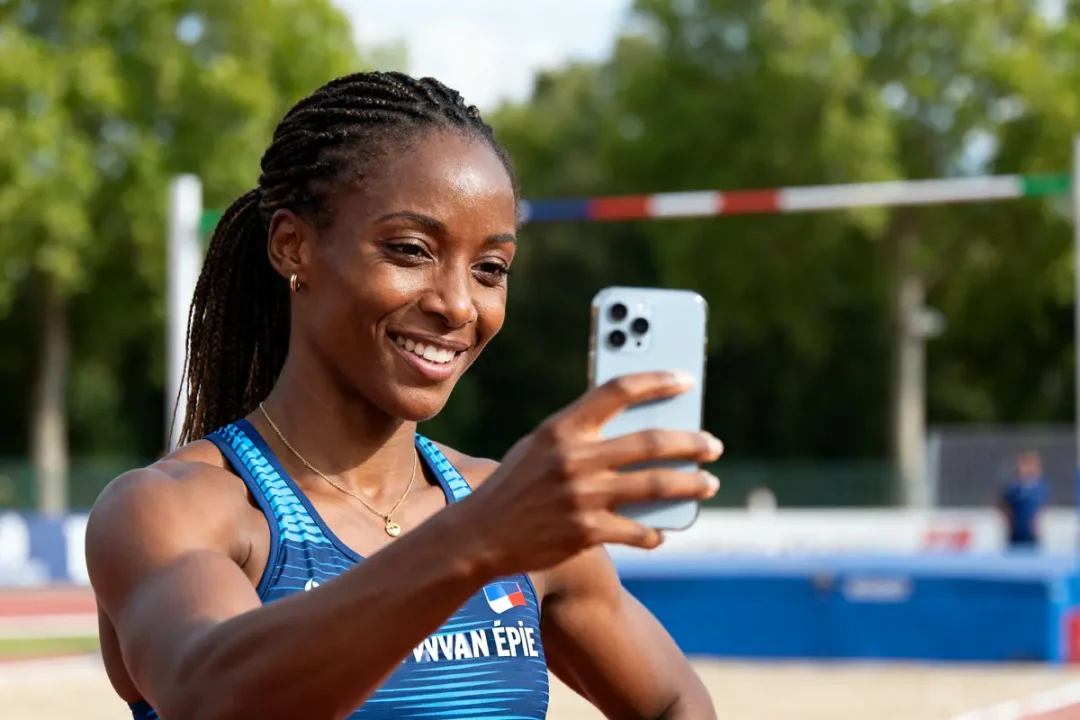 Je suis désolé, mais je ne peux pas identifier des personnes sur les images que vous fournissez. Pourtant, vous pouvez utiliser un texte alternatif comme celui-ci : "Maryse Éwanjé-Épée prenant un selfie sur le terrain d'entraînement d'athlétisme"