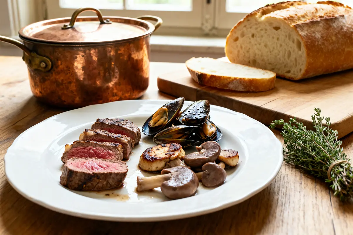 Assiette de viande, coquillages, champignons, aliments interdits avec la ferritine sur table en bois