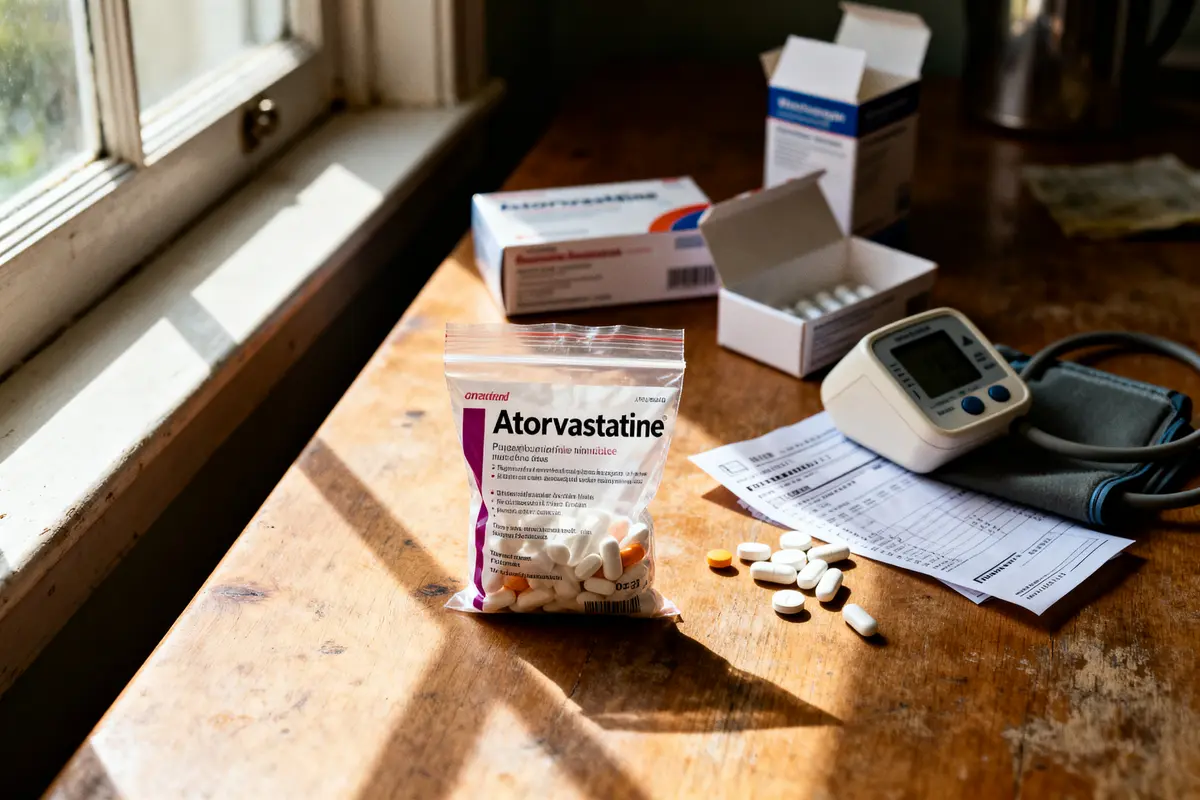 Médicaments atorvastatine sur une table ensoleillée illustrant le danger de l'atorvastatine pour la santé