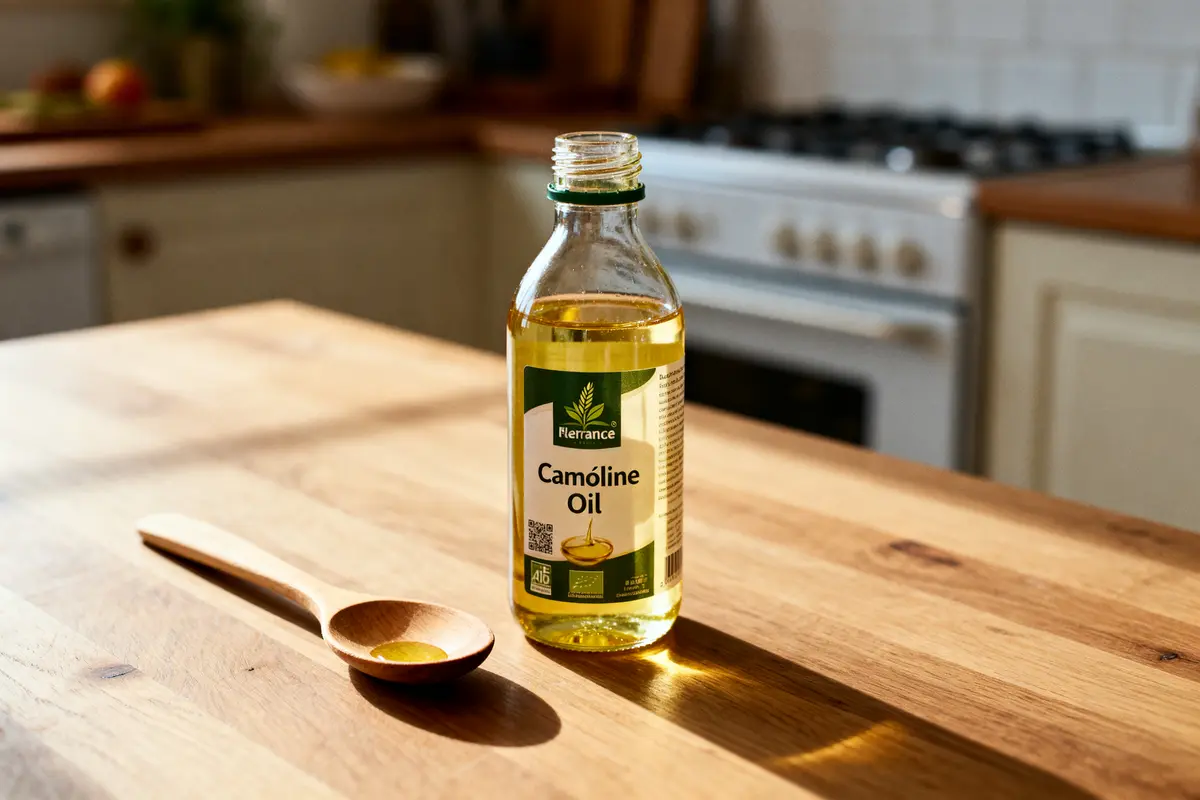 Bouteille d'huile de cameline sur table en bois évoquant le danger de l'huile de cameline