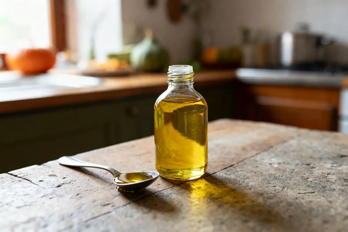 Bouteille d'huile sur table avec cuillère illustrant le danger de l'huile de pépin de courge
