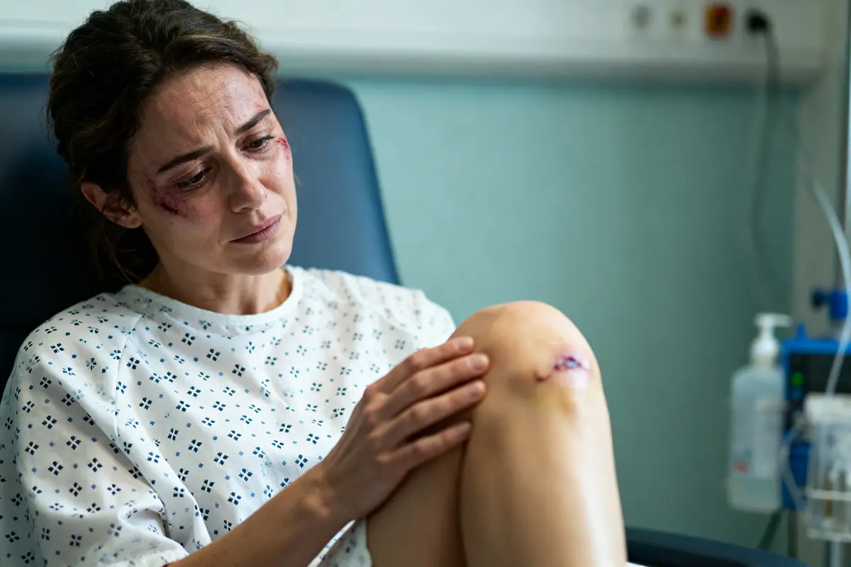 Femme en blouse touchant son genou, exprimant douleur après prothèse du genou.