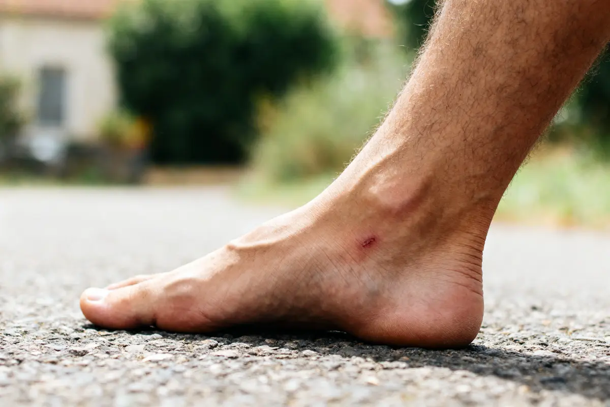 Pied marchant, peau éraflée, douleur sur le côté extérieur du pied au nerf sural