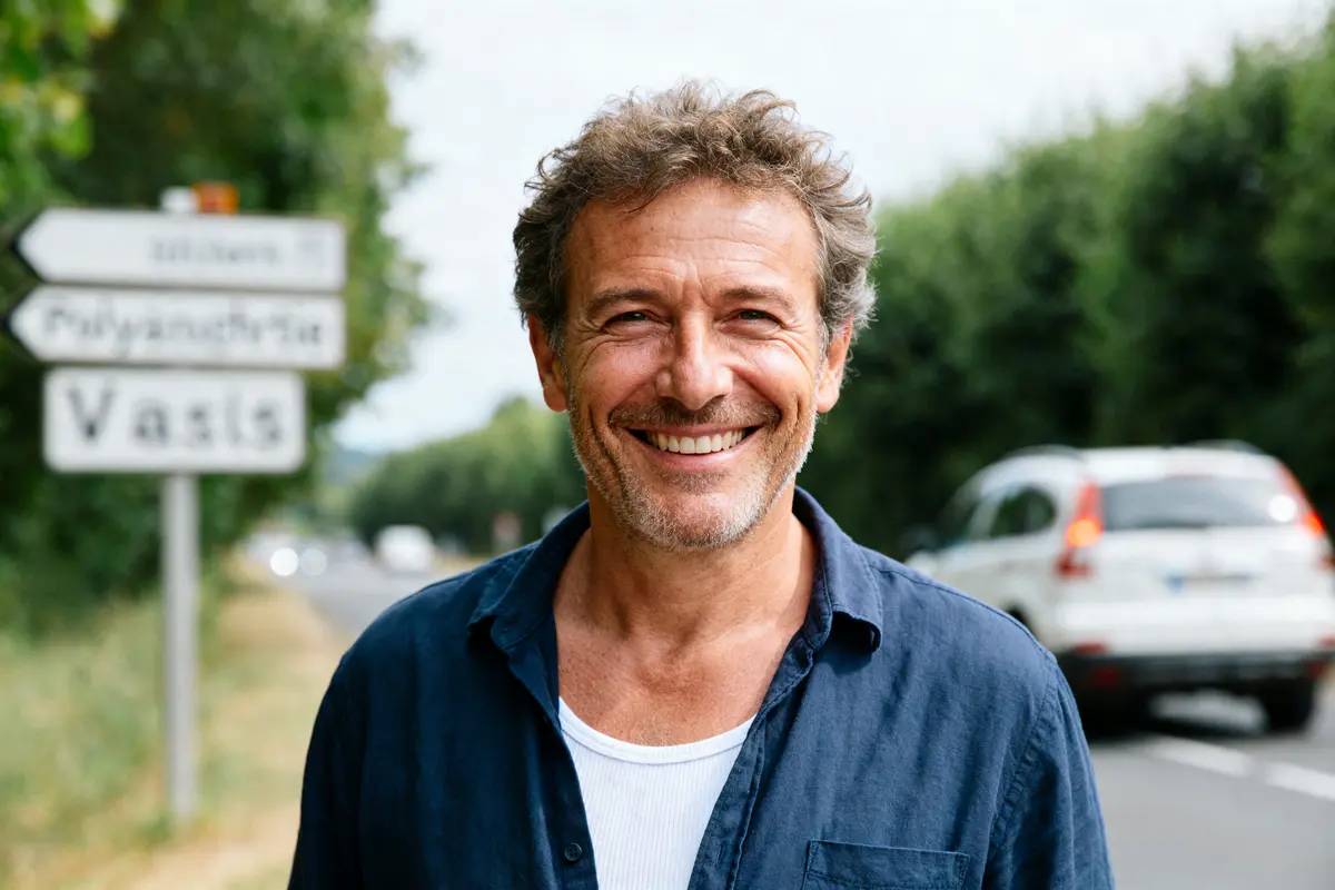 Homme souriant en chemise bleue sur une route, panneau indiquant "j'ai guéri de la polyarthrite"