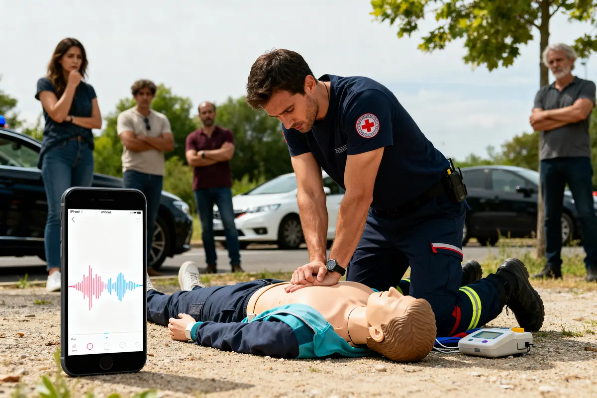 Secouriste effectuant un massage cardiaque, musique pour massage cardiaque jouant sur smartphone au sol