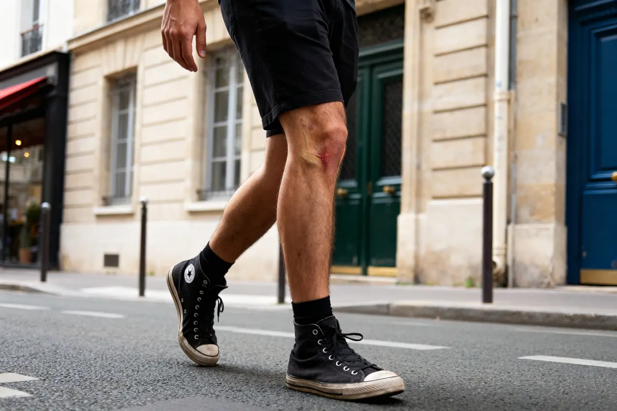 Homme marchant dans la rue avec bandage au genou peut-on marcher avec une fissure du ménisque