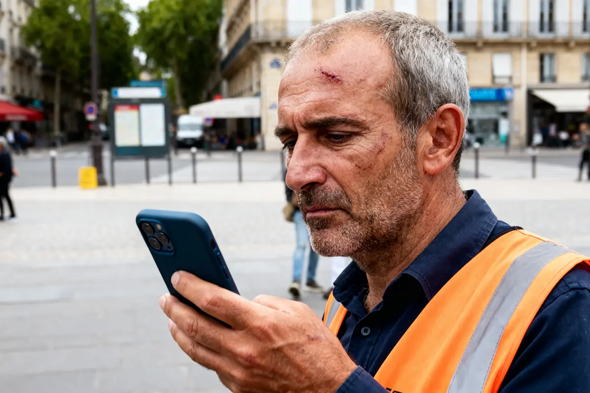 Homme en gilet orange consultant son téléphone après rechute pendant un mi-temps thérapeutique