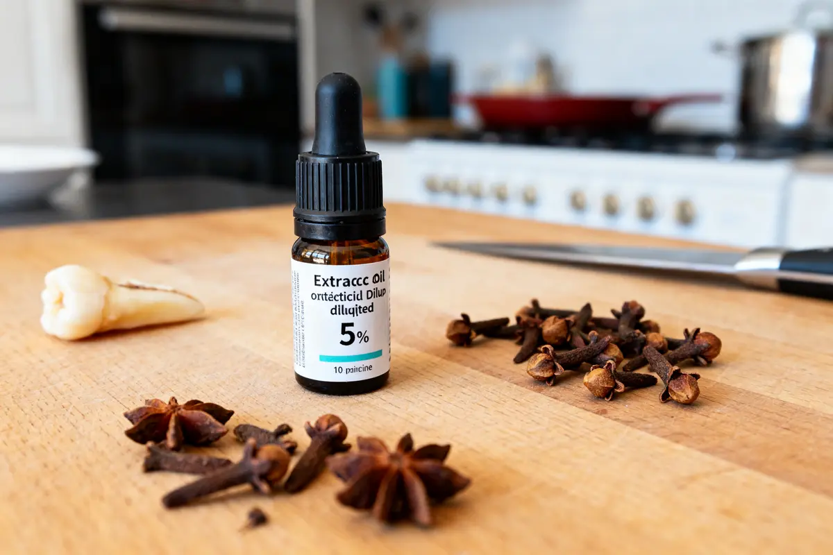 Flacon d'huile essentielle près de clous de girofle, remède de grand-mère après extraction de dent