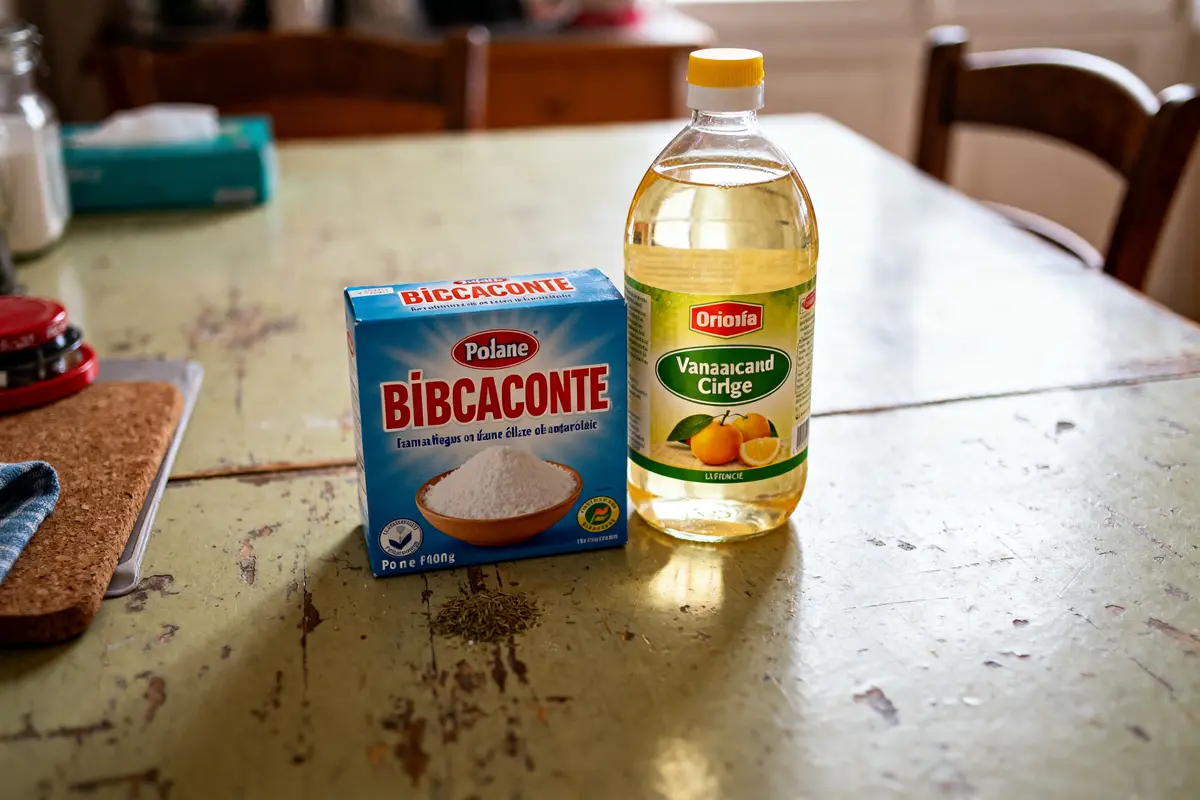 Bicarbonate et vinaigre sur table, remède de grand-mère pour démangeaison intime efficace et naturel