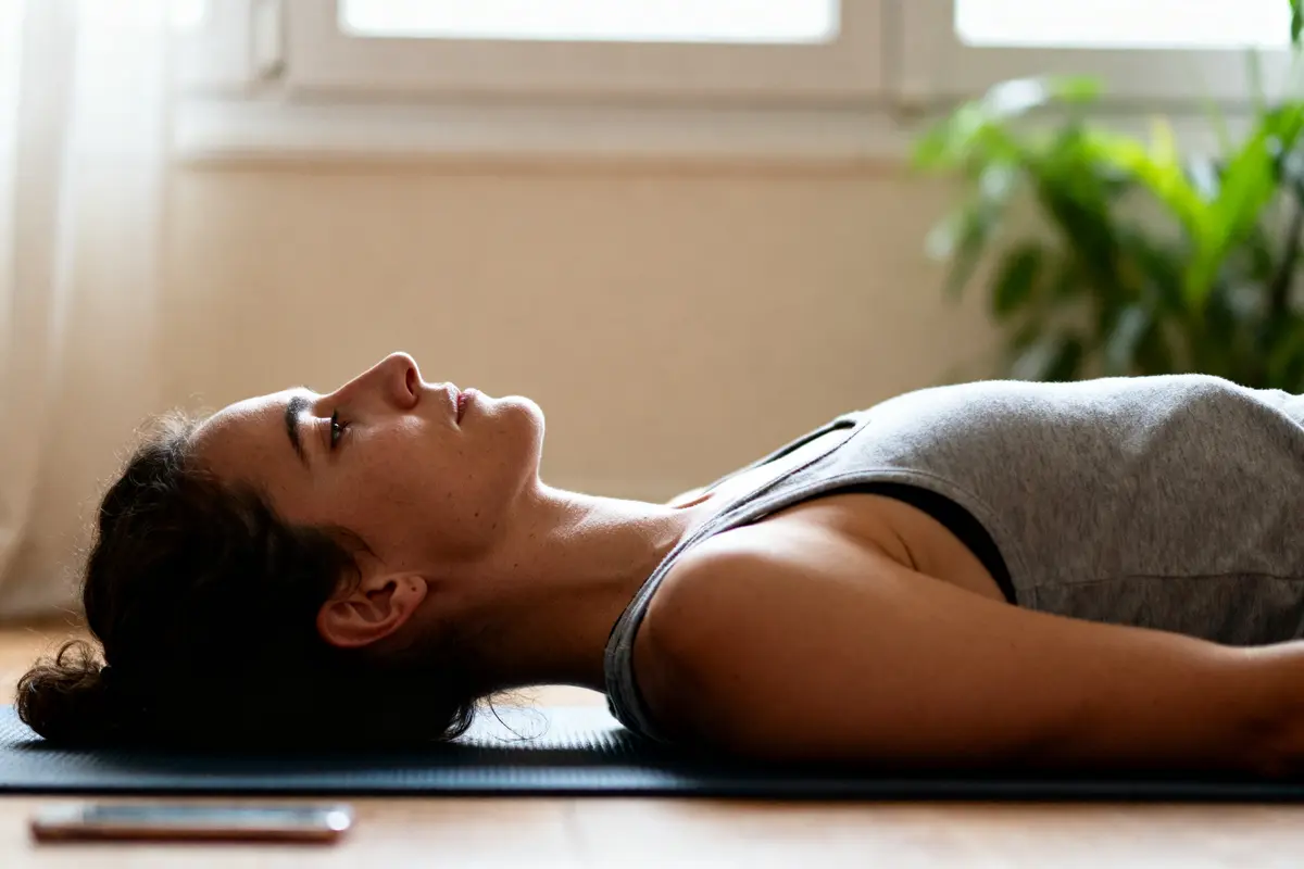 Personne allongée sur tapis de yoga illustrant un remède de grand-mère pour l'apnée du sommeil
