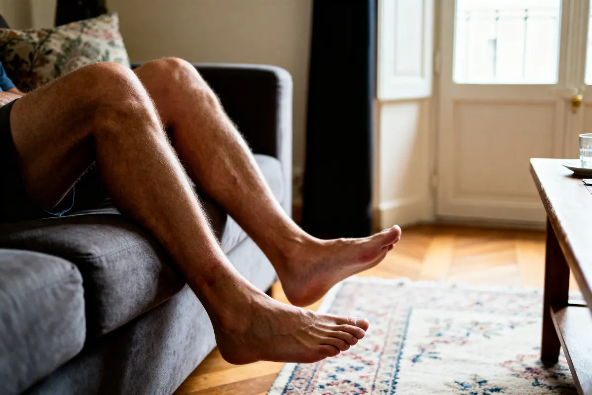 Jambes relevées sur canapé témoignage après opération des varices dans un salon lumineux