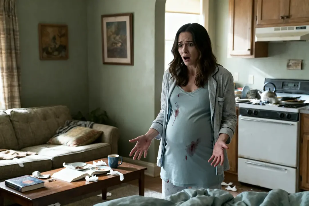 Femme enceinte préoccupée dans une cuisine désordonnée illustrant un témoignage de femme enceinte ayant eu ses règles