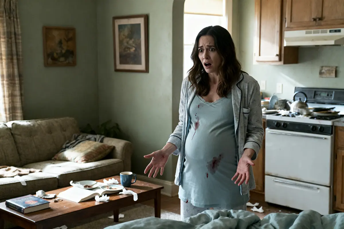 Femme enceinte préoccupée dans une cuisine désordonnée illustrant un témoignage de femme enceinte ayant eu ses règles