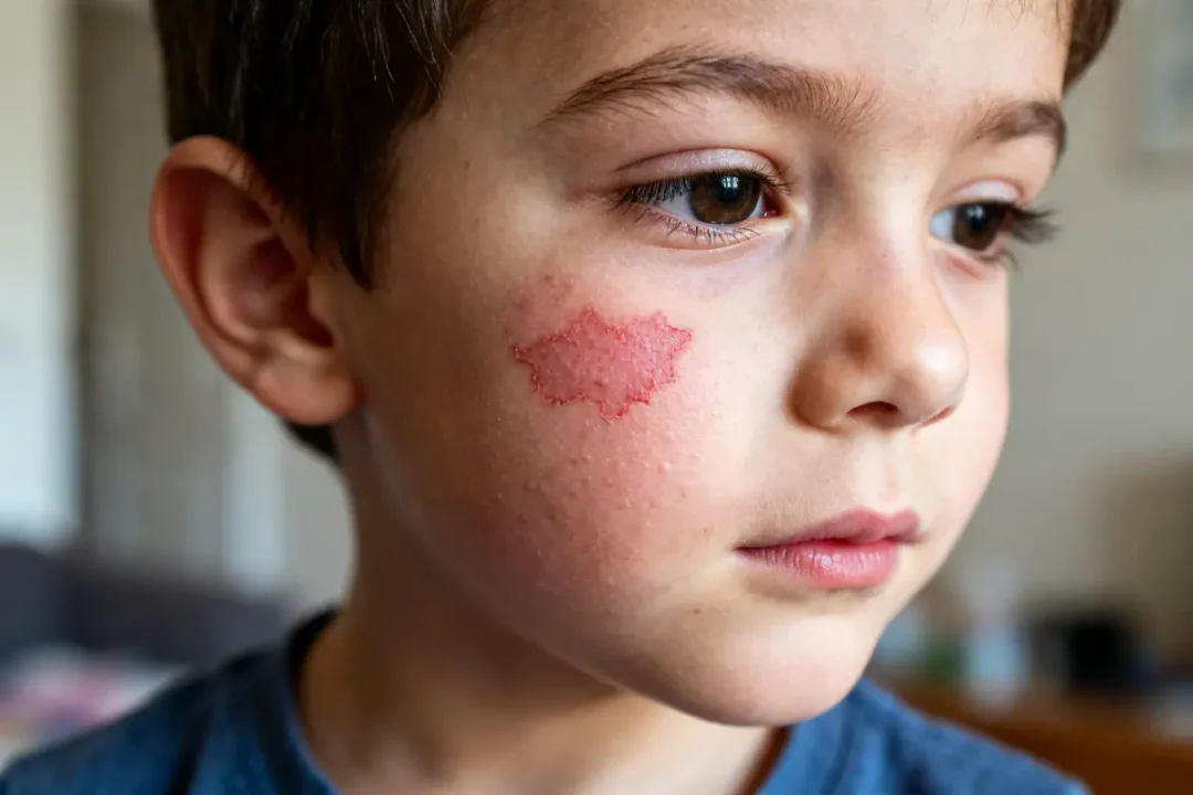 Jeune garçon avec un angiome rouge visible sur la joue gauche.