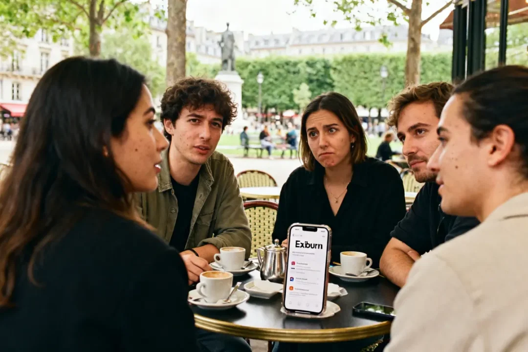 Groupe discutant à une terrasse de café avec avis sur Exiburn affichés sur téléphone.