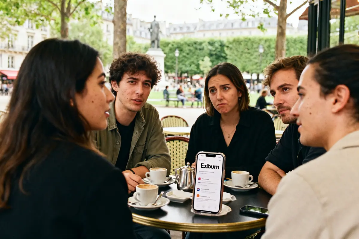 Groupe discutant à une terrasse de café avec avis sur Exiburn affichés sur téléphone.