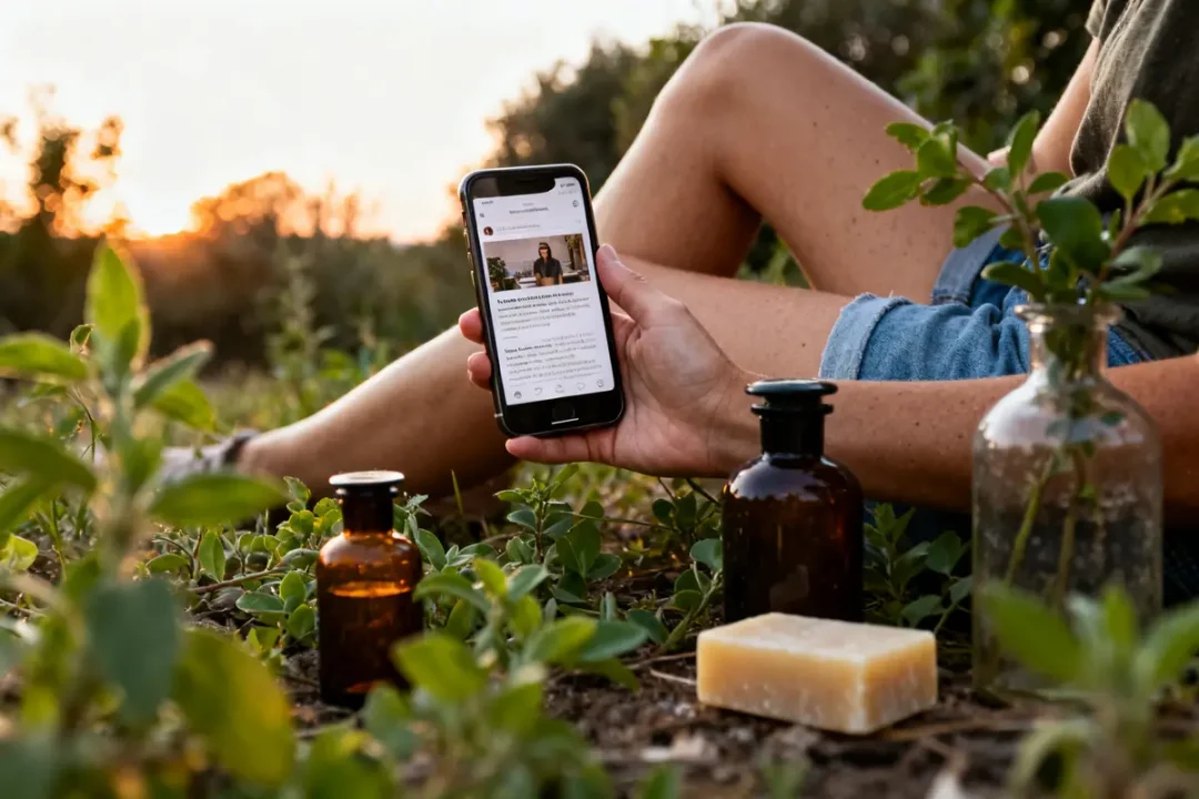 Personne lisant le blog Cécile Briat dans la nature avec des bouteilles et du savon