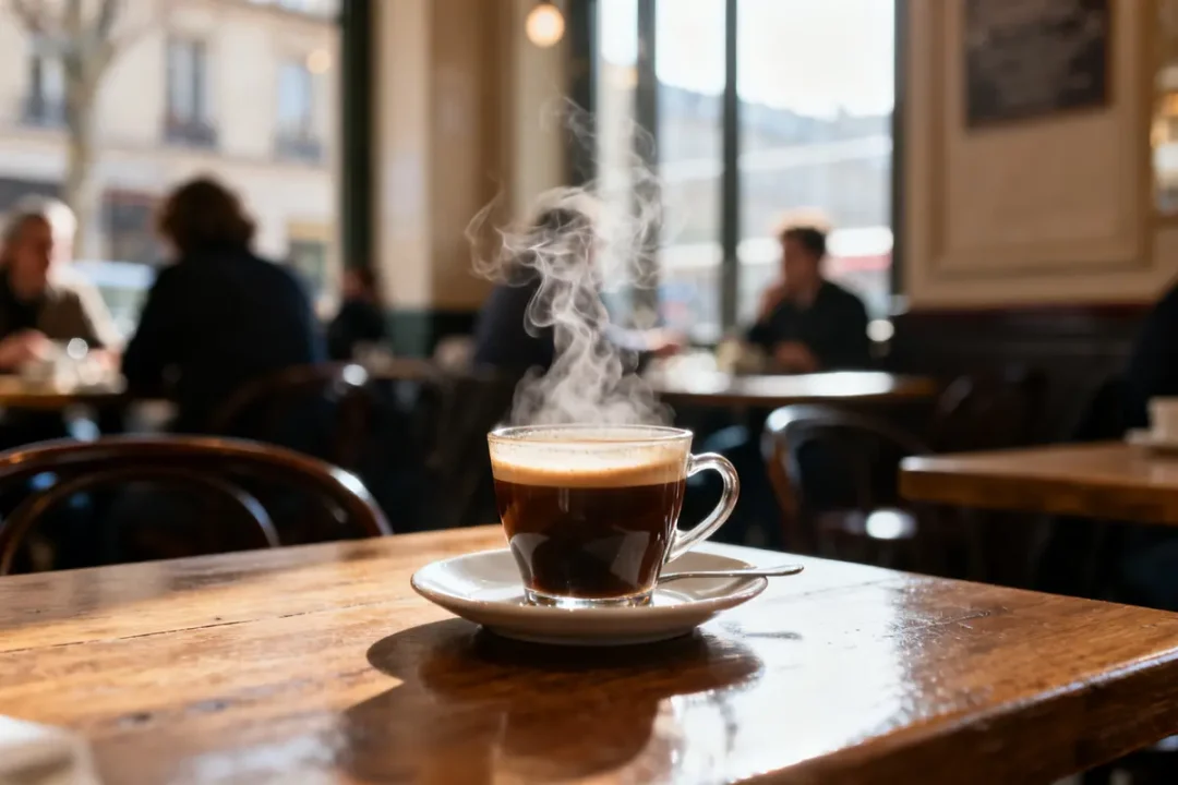 Tasse de café fumant sur table en bois, café et polypose nasale en contexte detente