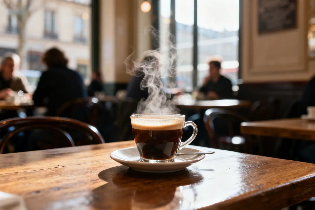 Tasse de café fumant sur table en bois, café et polypose nasale en contexte detente