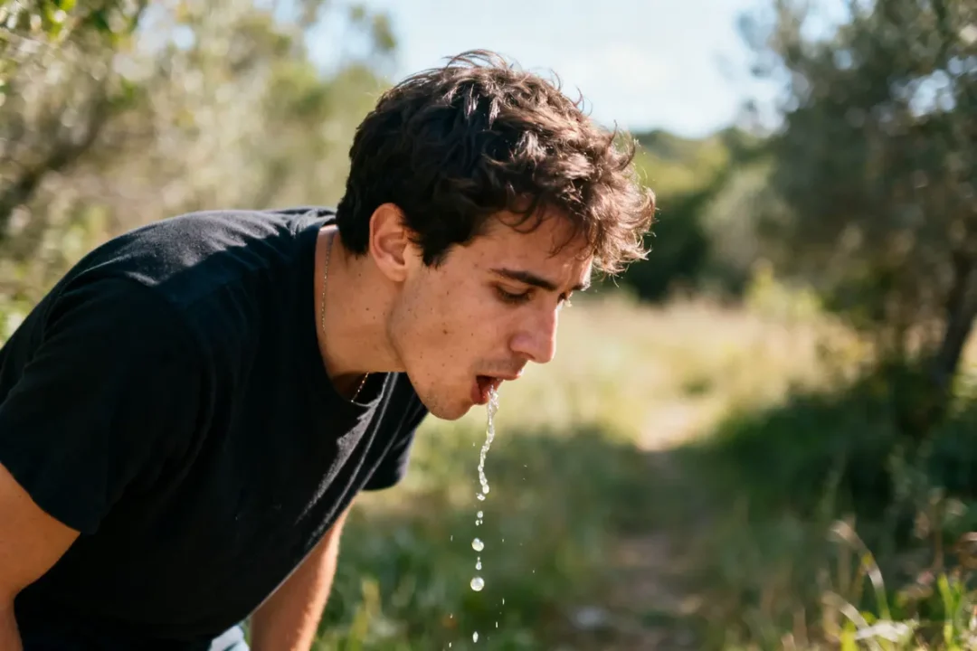Jeune homme vomissant dans la nature, illustrant comment vomir en extérieur efficacement