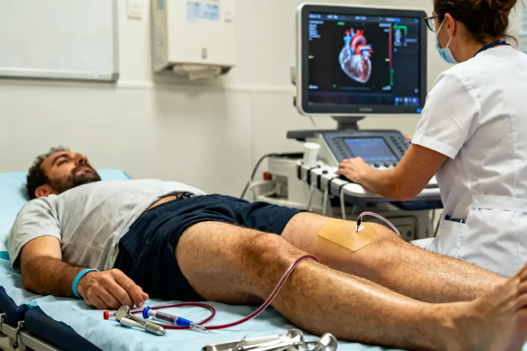 Examen coronarographie en cours avec un patient allongé et une infirmière manipulant l'équipement
