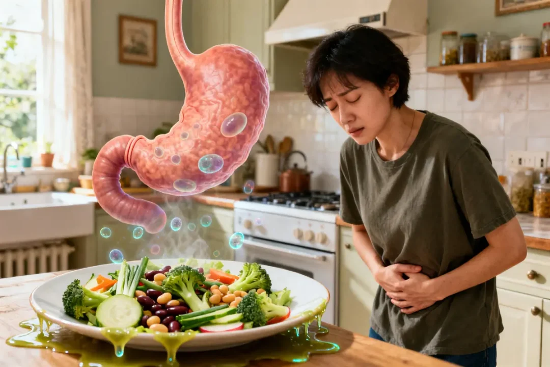 Personne souffrant, interaction entre estomac et nourriture, illustrant le danger du Blastocystis hominis