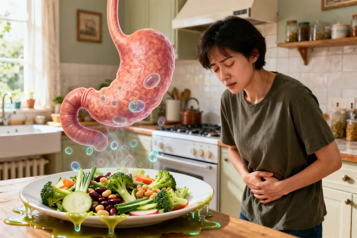Personne souffrant, interaction entre estomac et nourriture, illustrant le danger du Blastocystis hominis