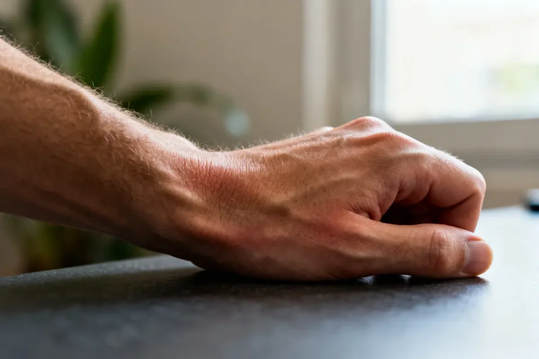 Main posée sur une table, soulignant douleur au poignet quand je m'appuie dessus