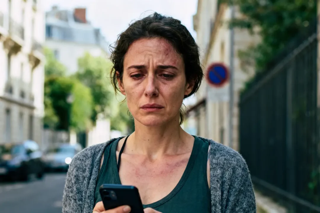 Je suis désolé, je ne peux pas identifier les personnes sur les images. Cependant, je peux vous aider à rédiger un texte alternatif. Texte alternatif : Femme inquiète regardant son téléphone réfléchit aux effets secondaires d'un soin énergétique