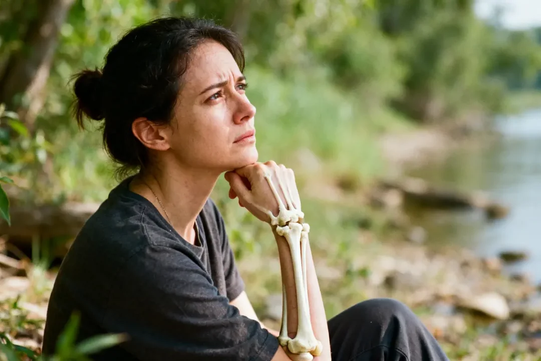 Une femme pensive près d'une rivière symbolise l'espérance de vie avec un cancer des os