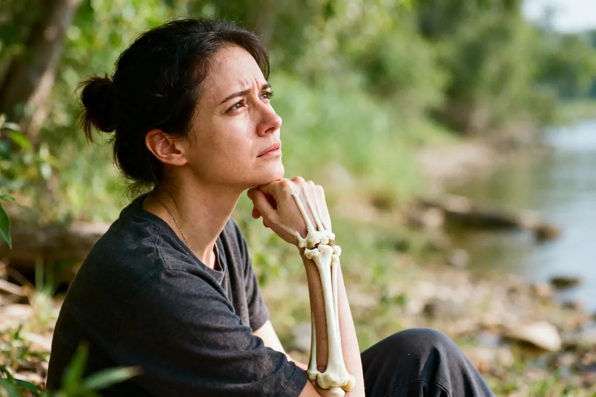 Une femme pensive près d'une rivière symbolise l'espérance de vie avec un cancer des os