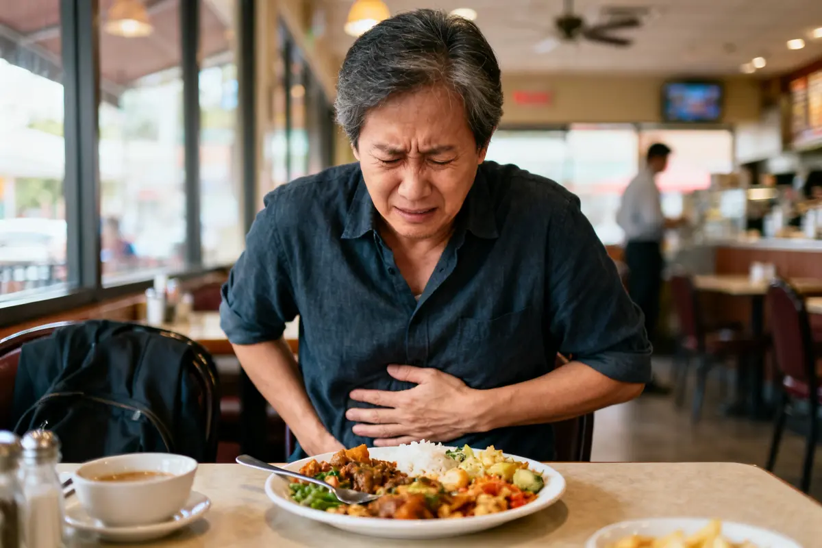 Homme souffrant d'extrasystoles dues à l'estomac devant un repas au restaurant