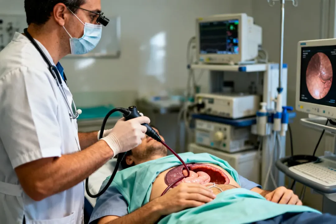 Un médecin effectue une fibroscopie sur un patient avec des équipements médicaux sophistiqués.