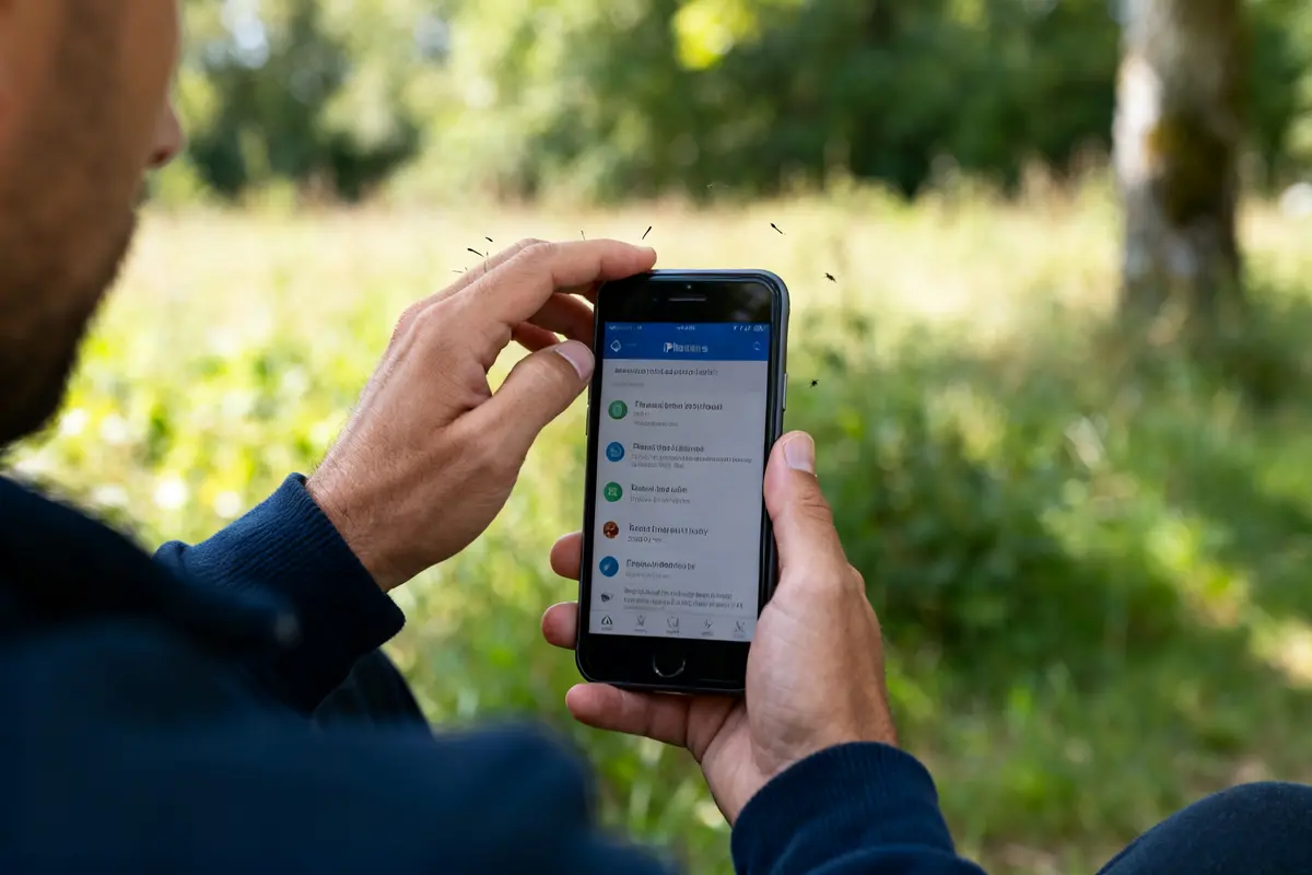 Homme tenant smartphone entouré de moucherons évoquant un fourmillement dans la tête en plein air