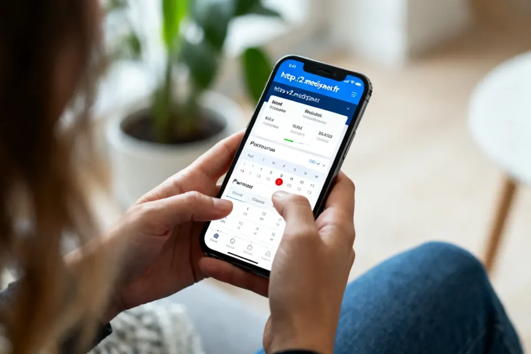 Personne utilisant un smartphone pour naviguer sur https v2.medisysnet fr avec calendrier affiché
