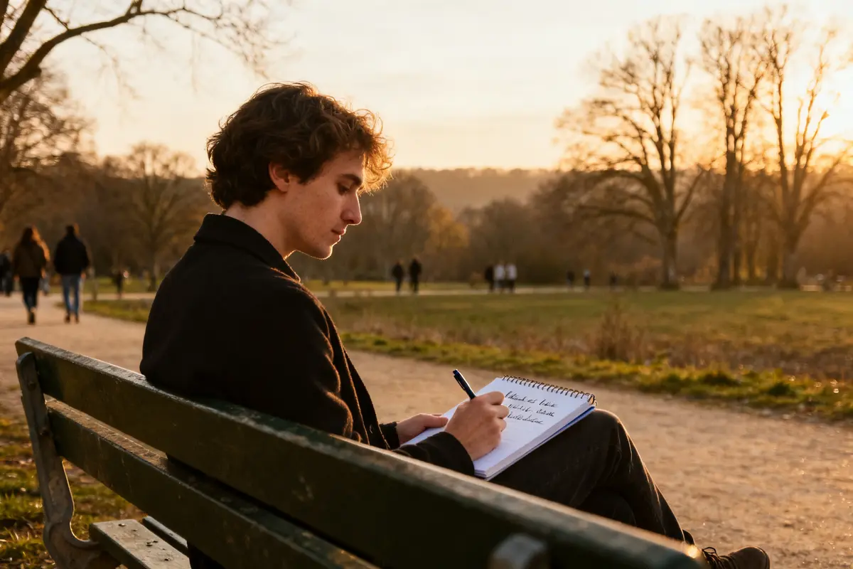Jeune homme écrivant dans un parc en lisant un magazine psychologie positive au crépuscule