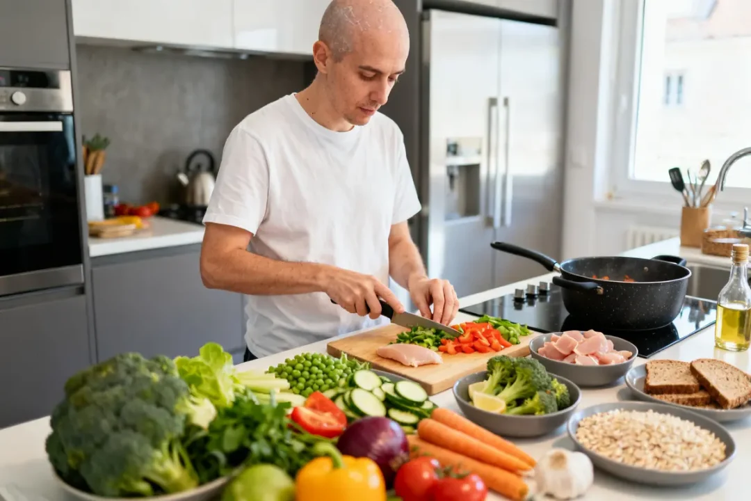 Homme préparant des légumes frais pour maigrir après ablation de la vésicule biliaire dans cuisine.