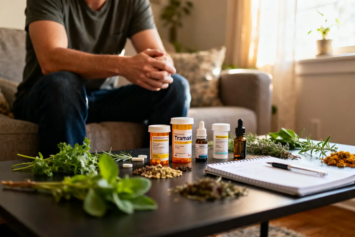 Homme réfléchissant aux alternatives naturelles par quoi remplacer le Tramadol sur une table remplie
