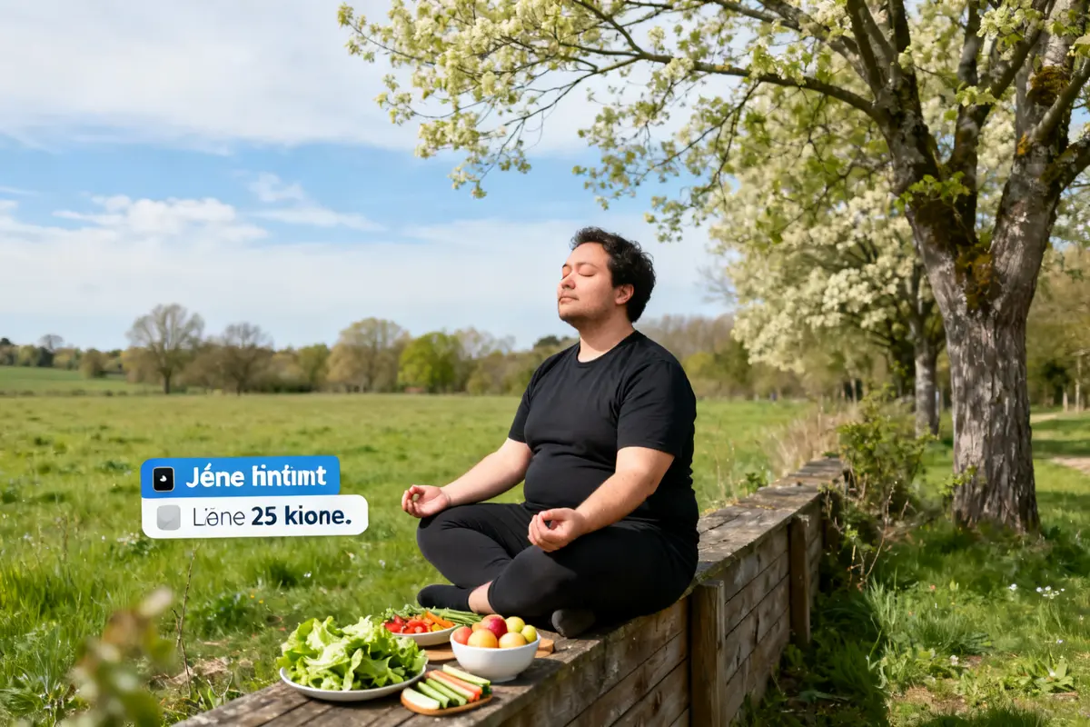 Homme méditant en plein air, entouré de légumes, pour perdre 25 kilos avec le jeûne intermittent