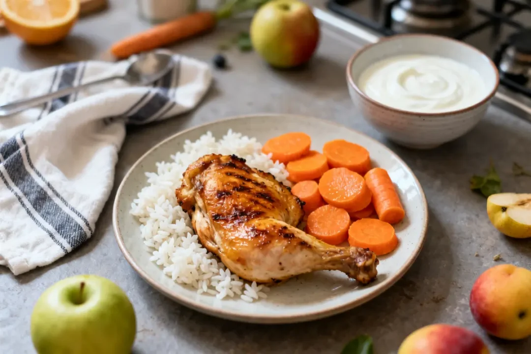 Poulet, riz et carottes dans une assiette pour régime sans residu sur table rustique
