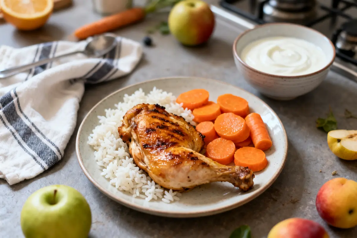 Poulet, riz et carottes dans une assiette pour régime sans residu sur table rustique