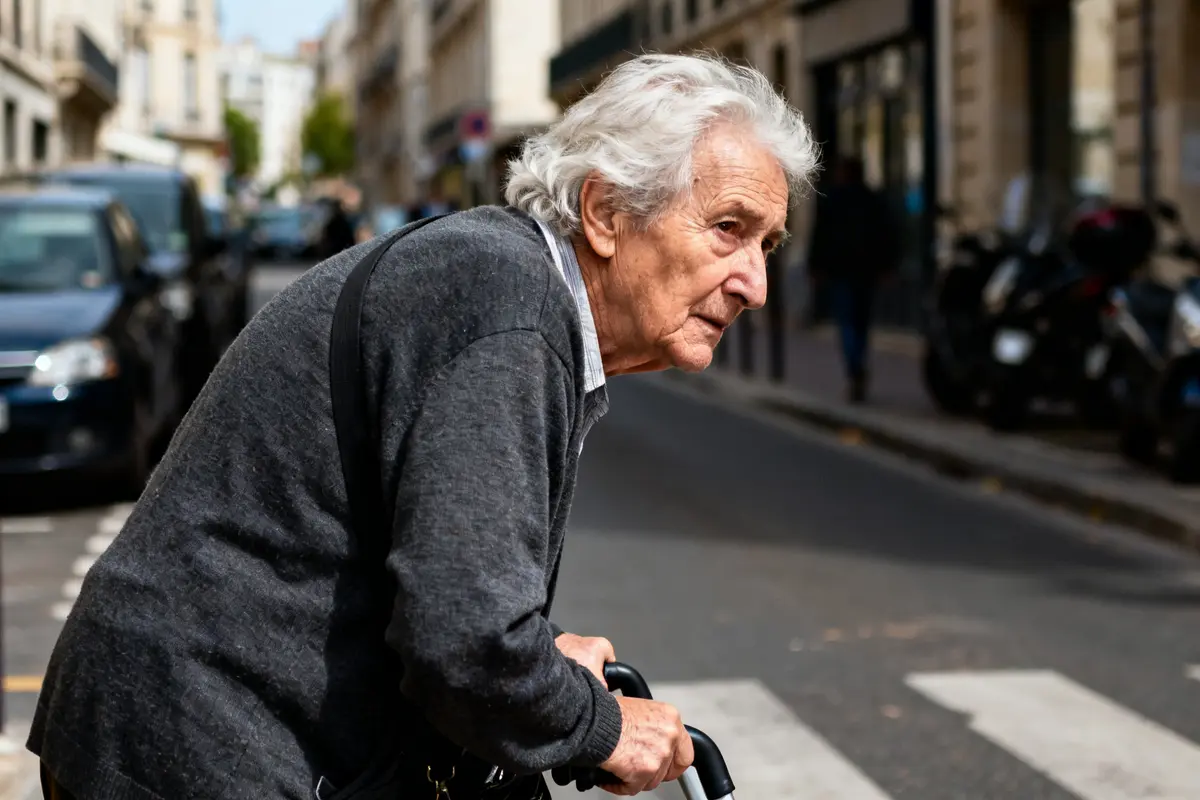 Une personne âgée marchant avec soutien pour atténuer les effets de la sarcopénie