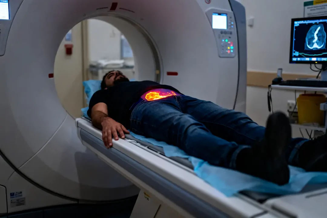 Un homme subit une scintigraphie dans un scanner médical avec affichage des résultats
