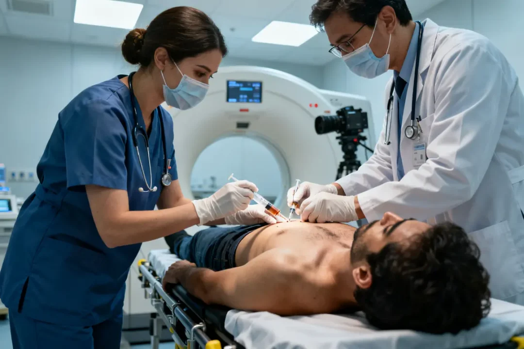 Personnel médical préparant un patient pour une scintigraphie cardiaque dans une salle d'examen médical